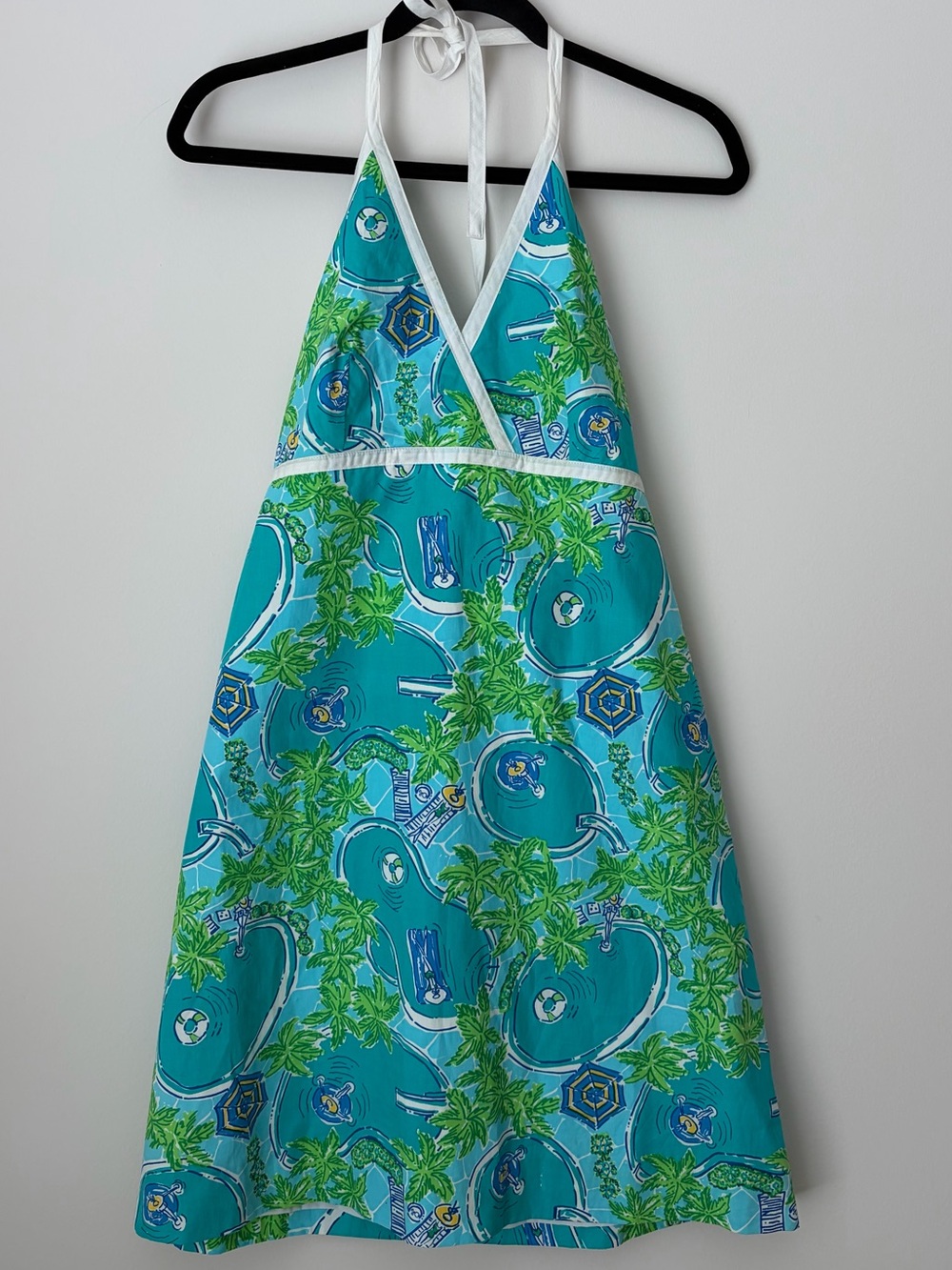 Lilly Pulitzer Pool Party adjustable halter dress teal white sunbathers Sz 6
